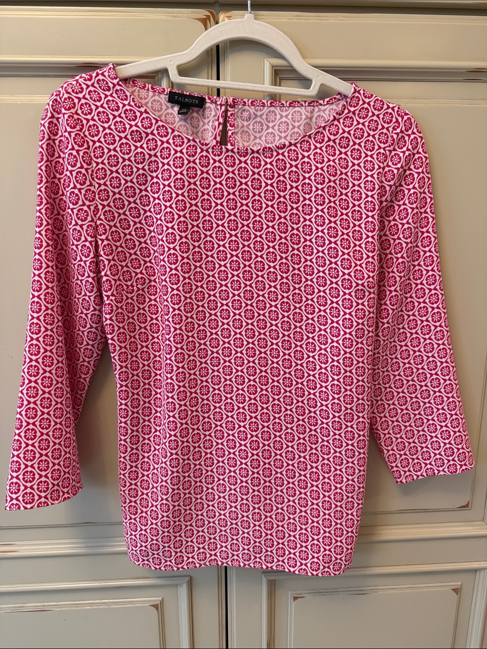 Talbots Pink White Geometric 3/4 Sleeve Top